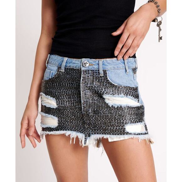 NWT One Teaspoon Railed Sequin Junkyard Low Waist Denim Skirt Size 34 - Picture 2 of 11